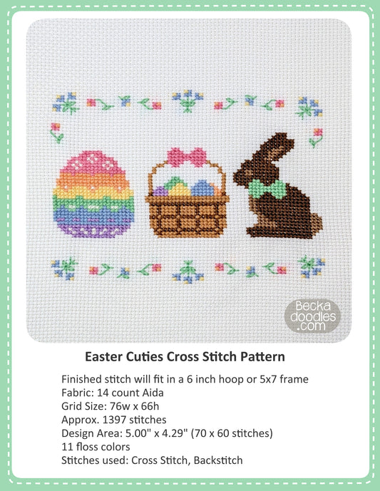 Graphic design layout of 'easter Cuties Cross Stitch Pattern' design by BeckaDoodles, showing a completed stitched Easter trio of an ggg, basket, and Chocolate bunny on a white fabric, with text detailing the pattern specifications below.