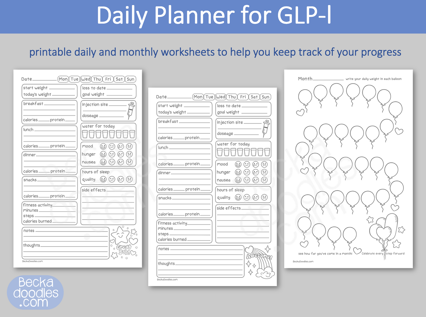 GLP-1 Weight Loss Journal, Daily Tracker Printable Worksheets