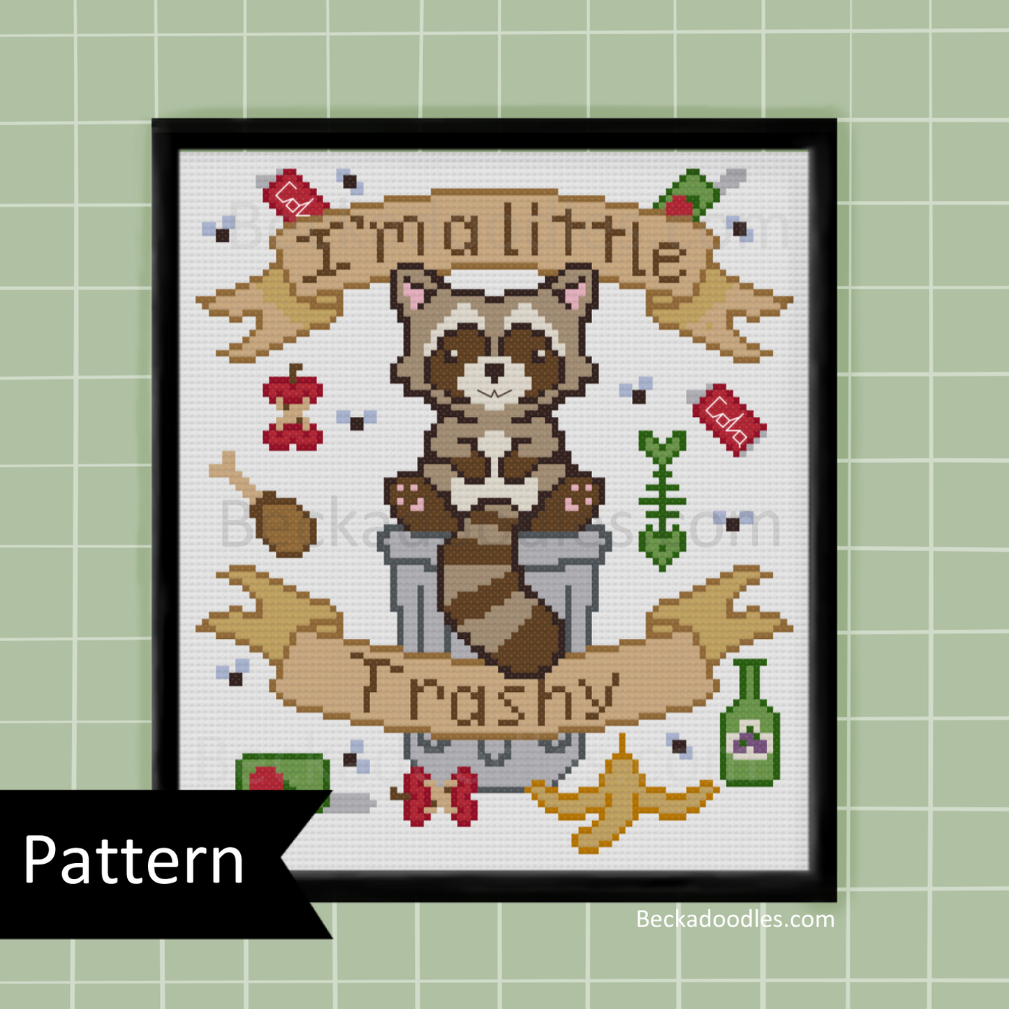 Little Trashy Raccoon Cross Stitch Pattern