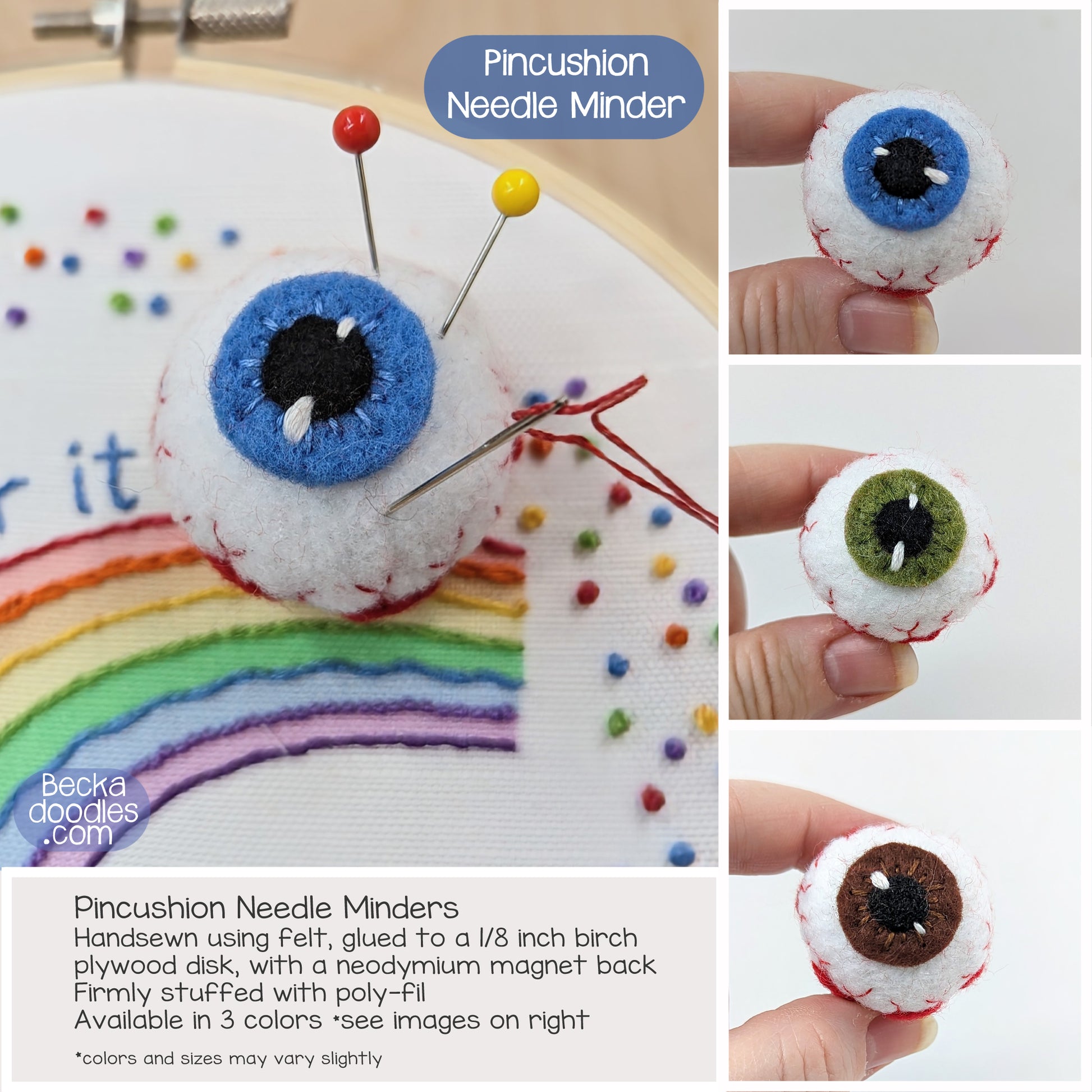 Pincushion needle minders with different colored eyes held by hands and used on a rainbow-themed embroidery project.