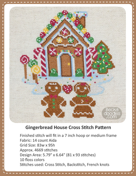 Graphic design layout of 'Gingerbread House Cross Stitch Pattern' design by BeckaDoodles, showing a completed stitched gingerbread house with a gingerbread couple, candy canes, candies, and frosting snow on a natural colored fabric, plus text listing materials and stitch counts below.