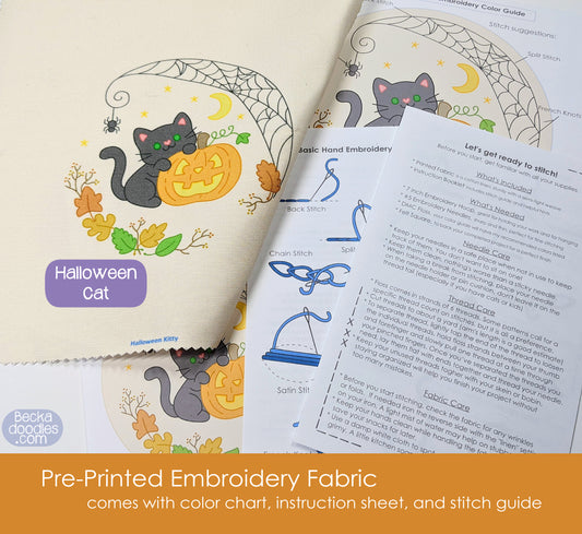 Halloween Cat Pre-Printed Embroidery Fabric Panel