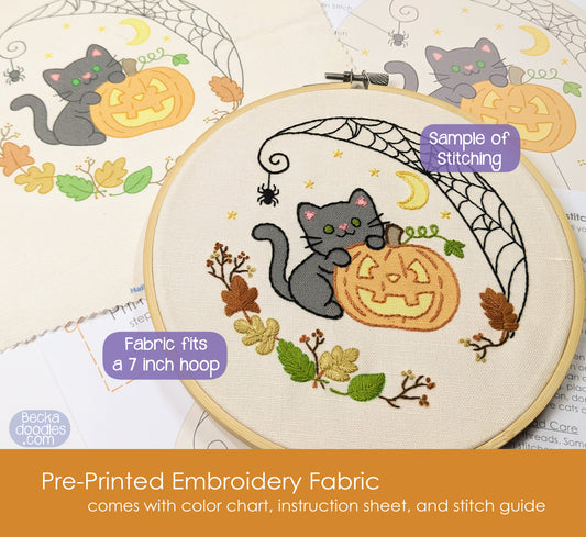Halloween Cat Pre-Printed Embroidery Fabric Panel
