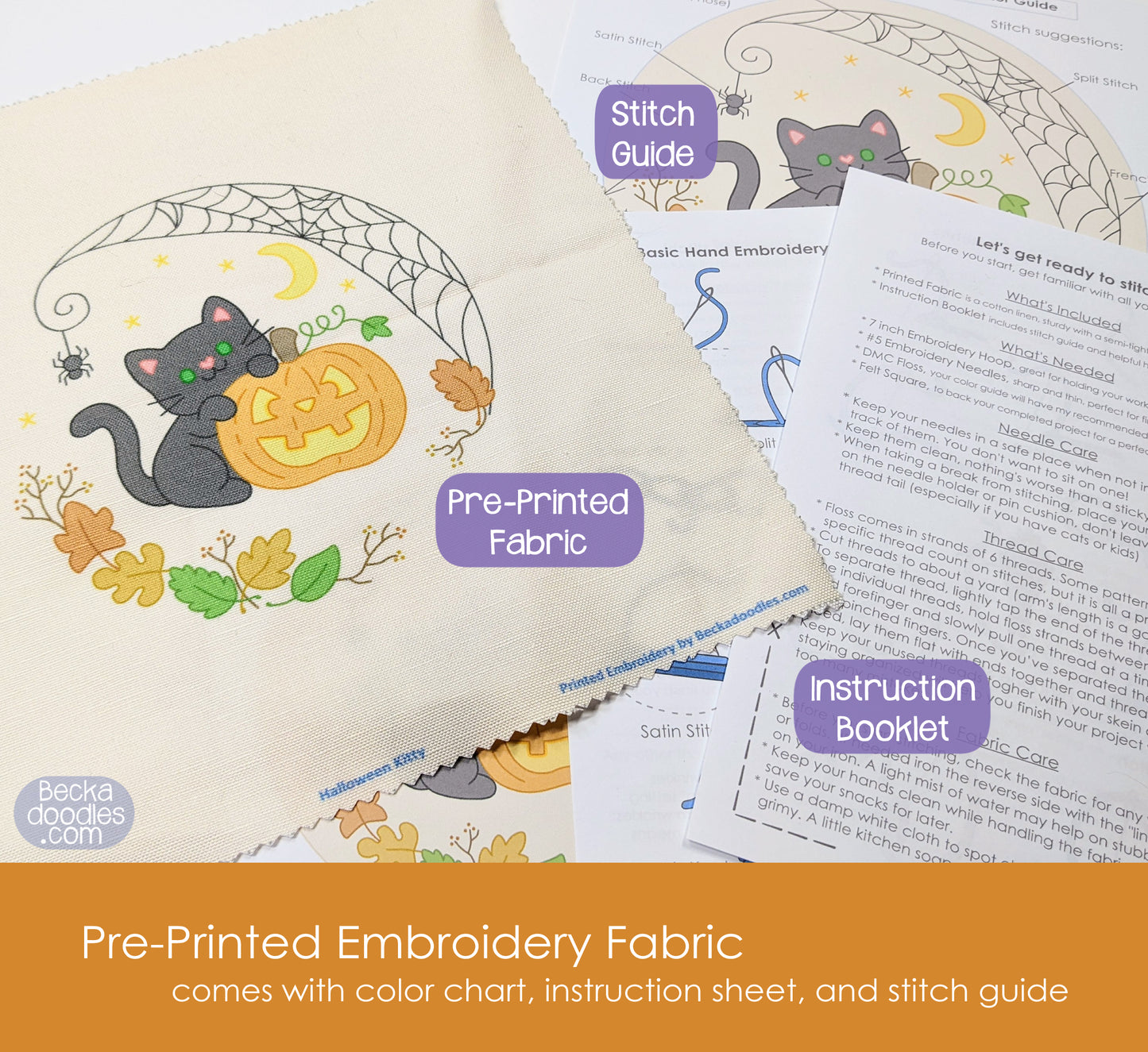 Halloween Cat Pre-Printed Embroidery Fabric Panel