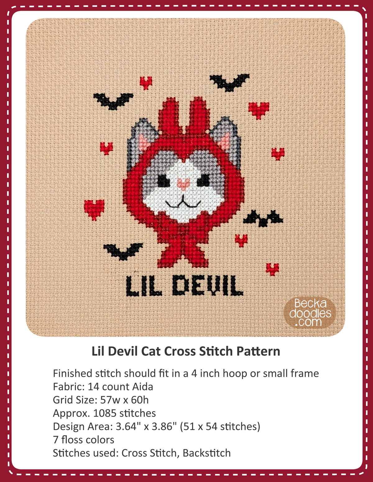 Cross stitch pattern display for 'Lil Devil Cat' featuring a finished stitch design of a cat wearing a red devil horns hat with black bats and hearts on a light brown fabric background, with text details about the pattern below.