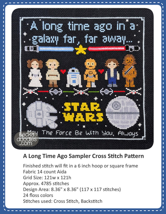 A cross stitch sampler pattern sheet featuring a Star Wars themed stitched design with pixelated characters, the Star Wars logo, and descriptive text below on a white background with a blue border.