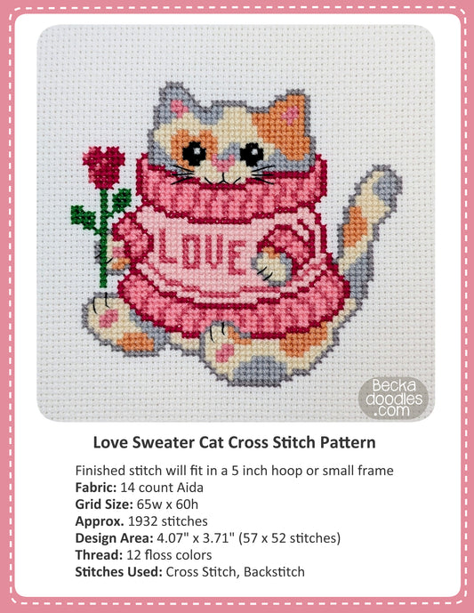 Graphic design layout of 'Love Sweater Cat Cross Stitch Pattern' design by BeckaDoodles, showing a completed stitched cat in an pink "love" sweater on a light fabric background, with text detailing the pattern specifications below.