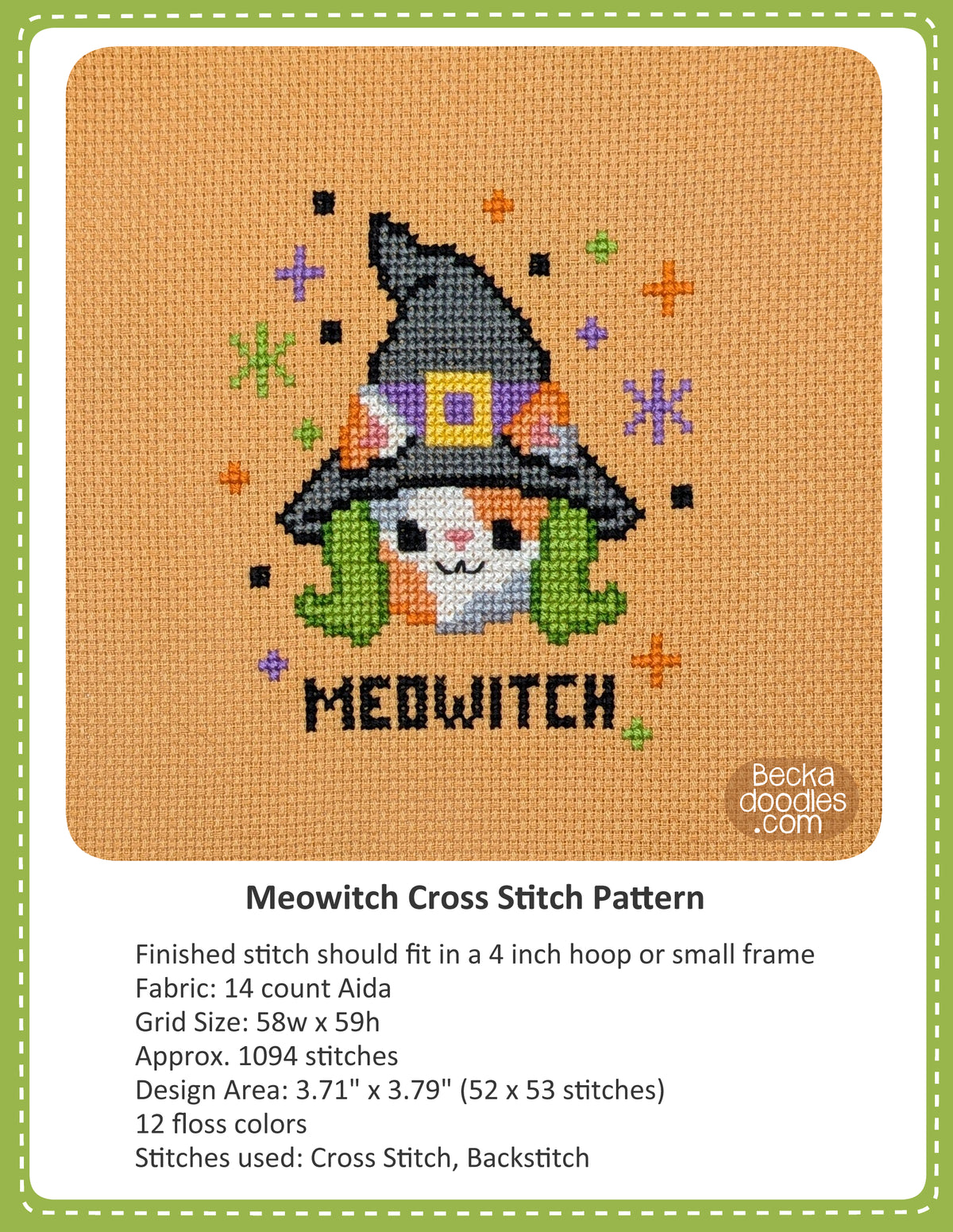 Cross stitch pattern cover for 'MEOWITCH' featuring a finished stitched design of a cat in a witch hat and green hair on a orange Aida cloth, with text detailing the pattern specifications below.