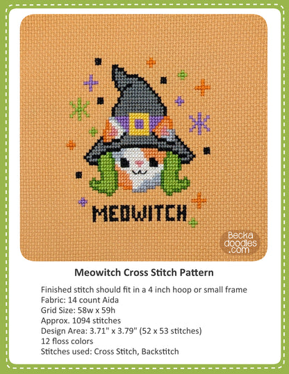 Cross stitch pattern cover for 'MEOWITCH' featuring a finished stitched design of a cat in a witch hat and green hair on a orange Aida cloth, with text detailing the pattern specifications below.