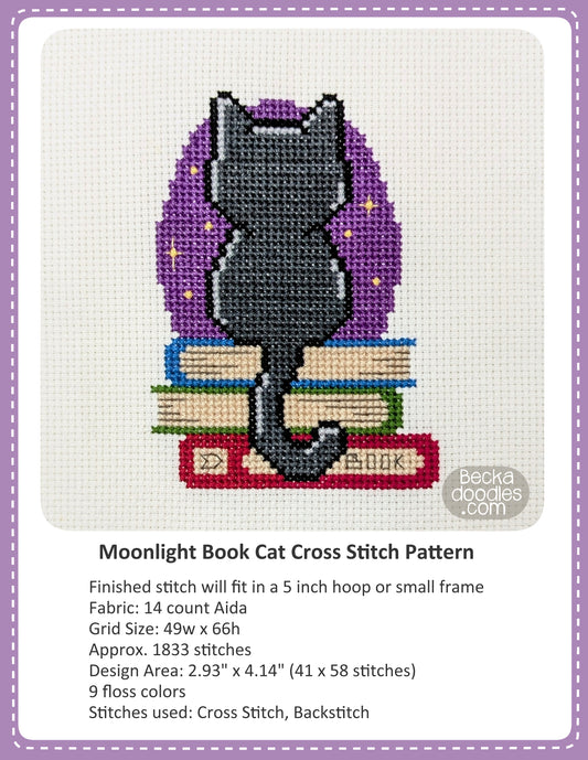 Graphic design layout of 'Moonlight Book Cat Cross Stitch Pattern' design by BeckaDoodles, showing a completed stitched black cat on books with a purple star filled background on a white fabric, with text detailing the pattern specifications below.