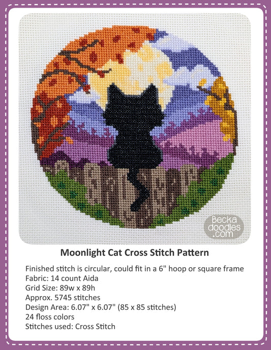 Graphic design layout of 'Moonlight Cat Cross Stitch Pattern' design by BeckaDoodles, showing a completed stitched black cat on a fence in front of the moon and autumn scene on a white fabric background, with text detailing the pattern specifications below.