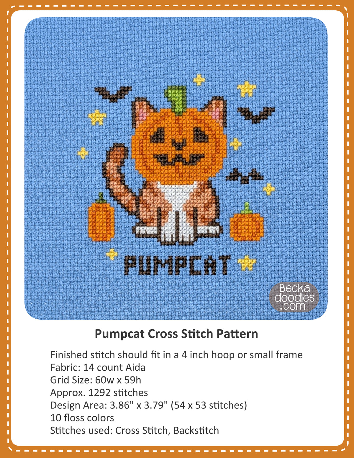 A cross stitch pattern cover for 'PUMPCAT' design, featuring a finished stitch preview of an orange cat with a pumpkin head on a blue blue Aida cloth, with text detailing the pattern specifications below.