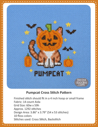 A cross stitch pattern cover for 'PUMPCAT' design, featuring a finished stitch preview of an orange cat with a pumpkin head on a blue blue Aida cloth, with text detailing the pattern specifications below.