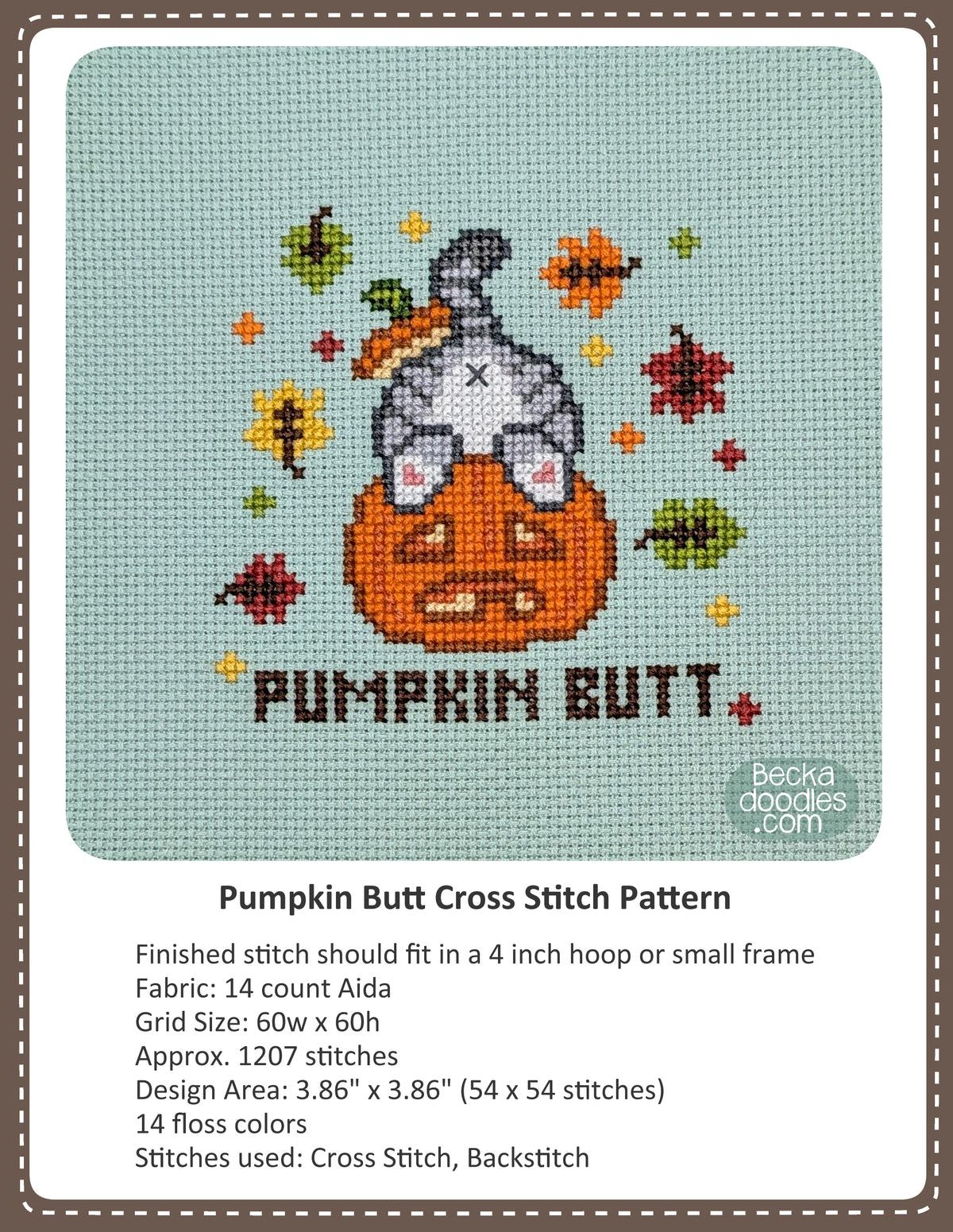 Cross stitch pattern cover for 'Pumpkin Butt' showing a finished stitched design of a gray cat's butt sticking out of a pumpkin surrounded by stitched autumn leaves on moss green Aida cloth. Text detailing the pattern specifications is typed below.