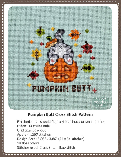 Cross stitch pattern cover for 'Pumpkin Butt' showing a finished stitched design of a gray cat's butt sticking out of a pumpkin surrounded by stitched autumn leaves on moss green Aida cloth. Text detailing the pattern specifications is typed below.