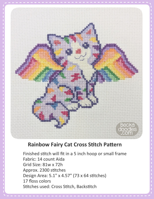 Graphic design layout of a 'Rainbow Fairy Cat Cross Stitch Pattern' design by BeckaDoodles, showing a completed stitched fairy cat with rainbow wings and stripes on a white fabric background, with text detailing the pattern specifications below.