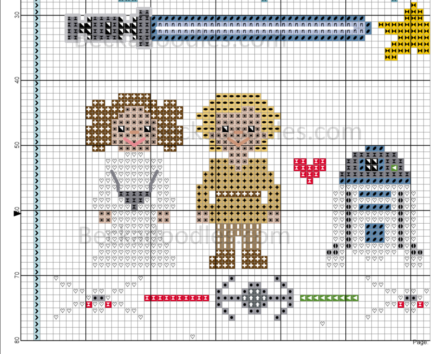 Cross-stitch pattern with characters and objects on a grid background