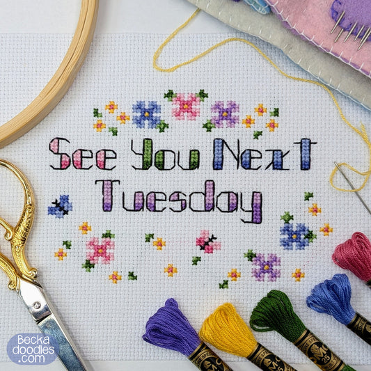 Cross-stitch design on white Aida fabric with the words 'See You Next Tuesday' stitched in multicolored lettering, surrounded by small colorful flowers. A wooden embroidery hoop, scissors, threaded needle, and thread skeins surround the design.