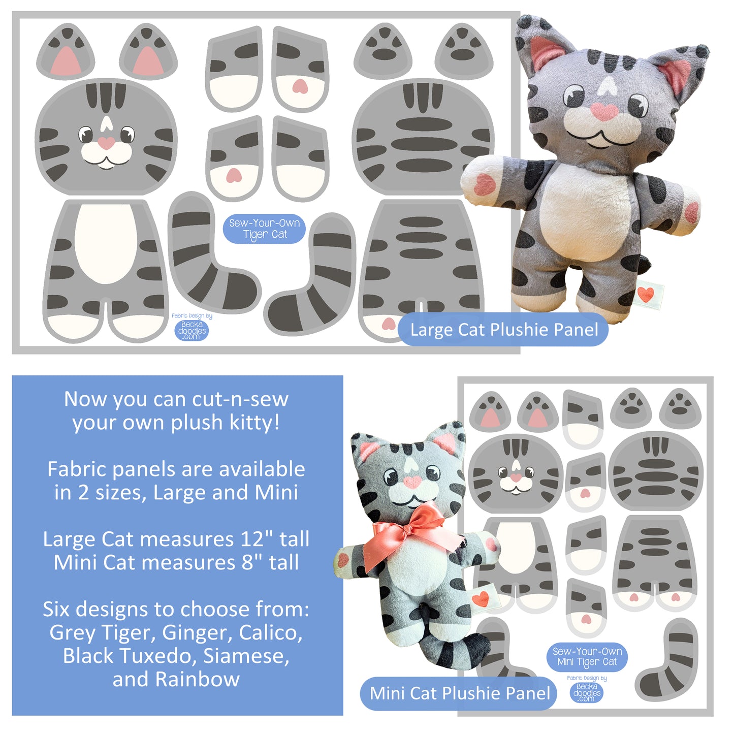 Cat Plushie Fabric Panel: Cut and Sew Cats