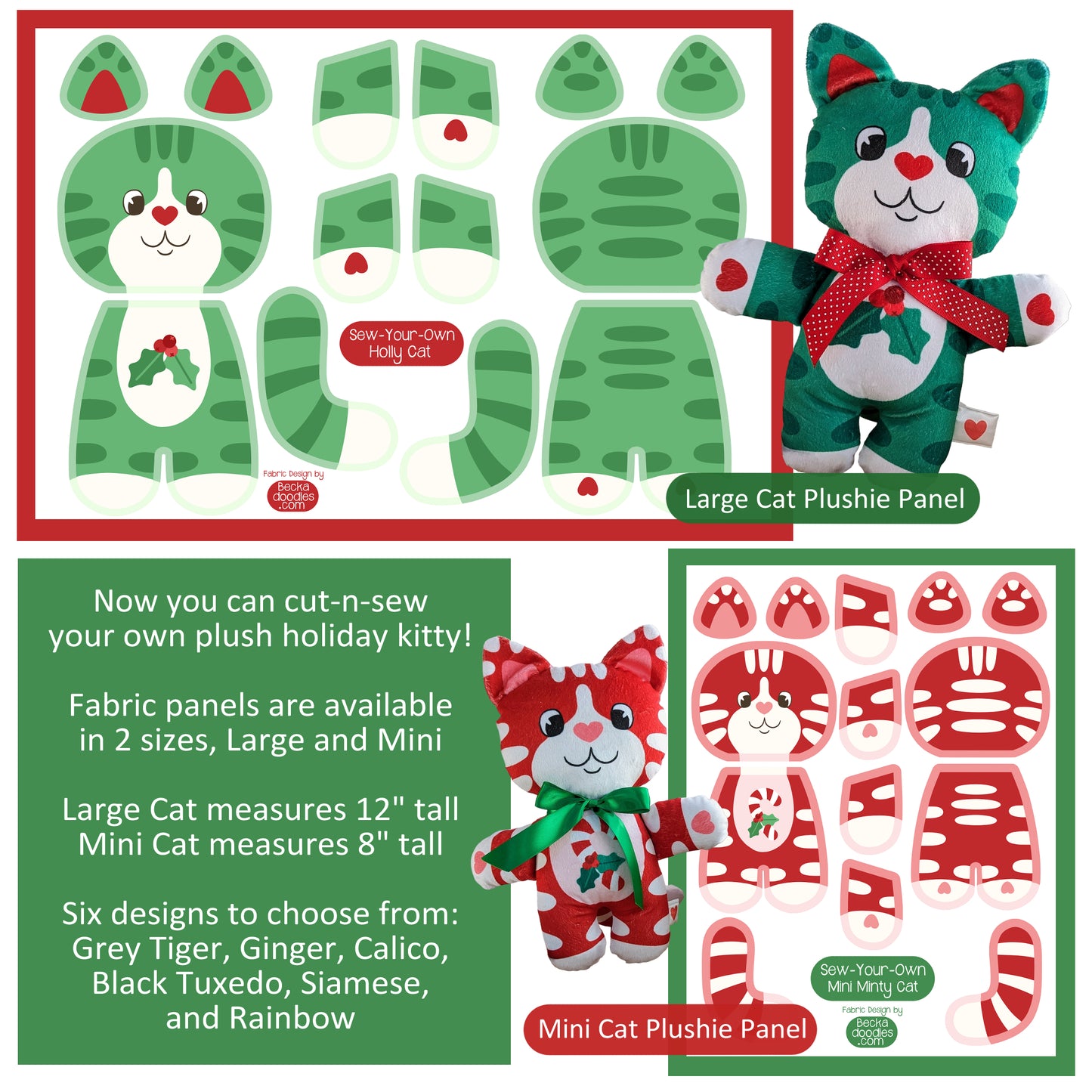 Christmas Cat Plushie Fabric Panel: Cut and Sew Cats