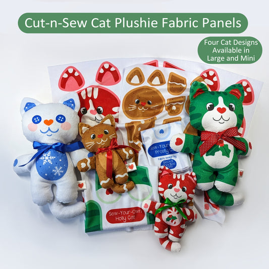 Christmas Cat Plushie Fabric Panel: Cut and Sew Cats