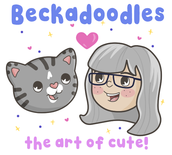 Cartoon cat and girl with 'Beckadoodles' and 'the art of cute!' text on a white background.