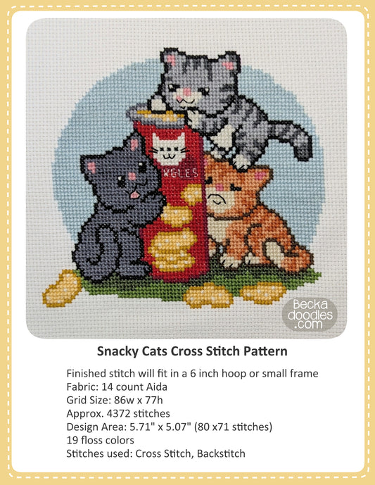 Graphic design layout of 'Christmas Wreath Cat Cross Stitch Pattern' design by BeckaDoodles, showing a completed stitched project of three cats around a container of crisps on a white fabric background, with text detailing the pattern specifications below.