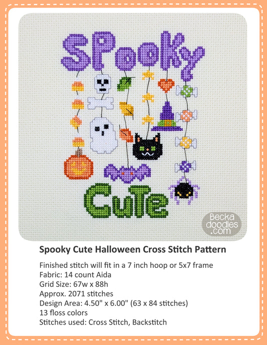 Graphic design layout of 'Spooky Cute Halloween Cross Stitch Pattern' design by BeckaDoodles, showing a completed stitched Halloween design with mini pumpkin, ghost, bat, cat, spider, and other cute motifs on cream fabric background, with text detailing the pattern specifications.