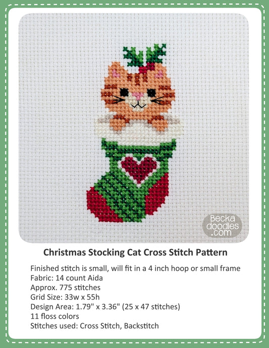 Graphic design layout of 'Christmas Stocking Cat Cross Stitch Pattern' design by BeckaDoodles, showing a completed stitched cat in a Christmas stocking on a white fabric background, with text detailing the pattern specifications below.