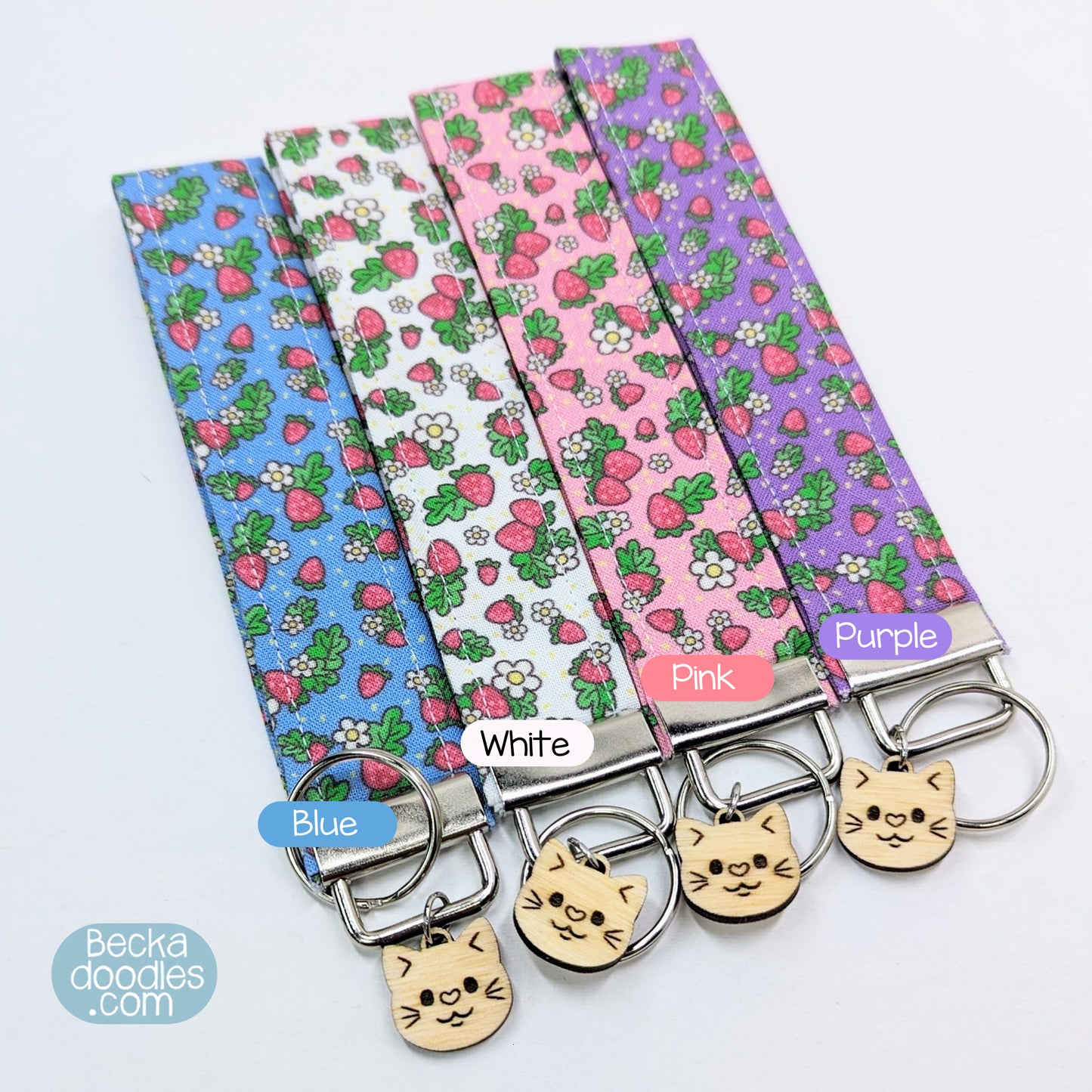 Strawberries Floral Fabric Wristlet Keychain