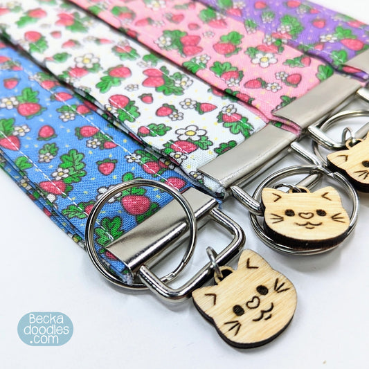 Strawberries Floral Fabric Wristlet Keychain