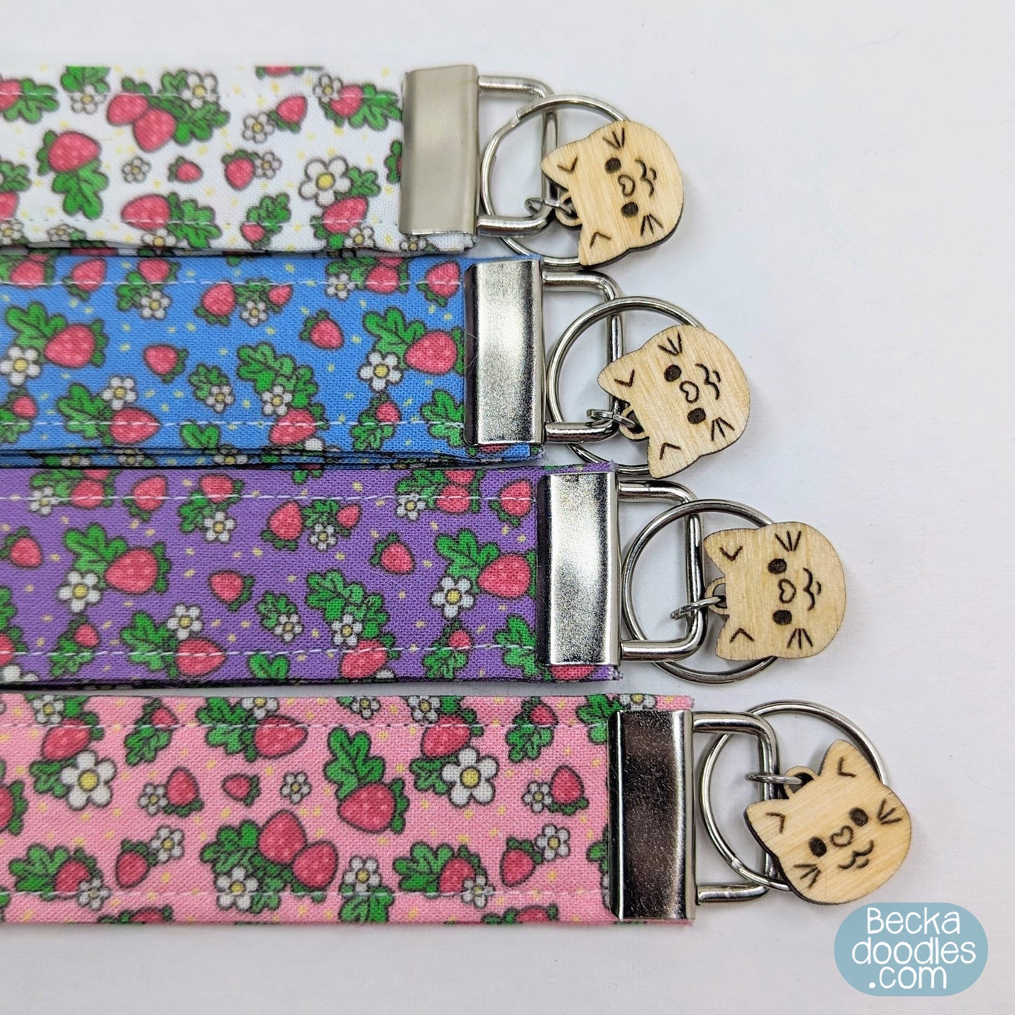 Strawberries Floral Fabric Wristlet Keychain