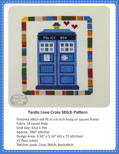 Cross stitch pattern cover for 'Tardis Love' showing a completed TARDIS design with the multicolor Doctor's scarf on a ivory Aida cloth with text listing details below.