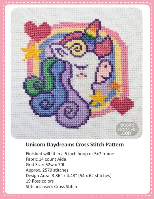 Graphic design layout of 'Unicorn Daydreams Cross Stitch Pattern' design by BeckaDoodles, showing a completed stitched Unicorn with rainbow hair on a white fabric background, with text detailing the pattern specifications below.