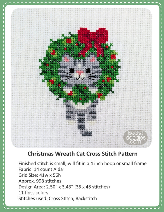 Graphic design layout of 'Christmas Wreath Cat Cross Stitch Pattern' design by BeckaDoodles, showing a completed stitched cat in Christmas wreath on a white fabric background, with text detailing the pattern specifications below.