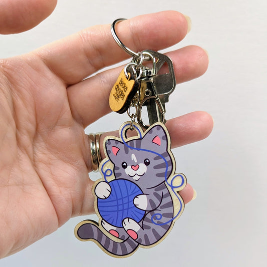 Yarn Lover Cat Wooden Keychain