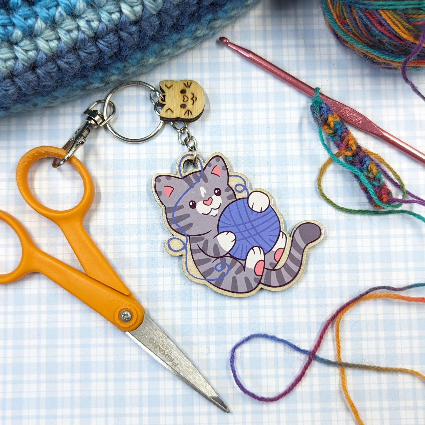Yarn Lover Cat Wooden Keychain